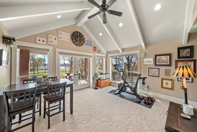 workout area with a ceiling fan, carpet floors, french doors, and plenty of natural light