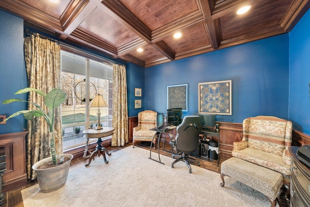 office with wood finished floors, coffered ceiling, wood ceiling, beamed ceiling, and crown molding