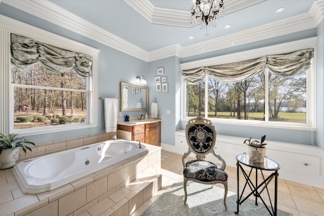 full bathroom featuring a tub with jets, tile patterned flooring, vanity, and plenty of natural light