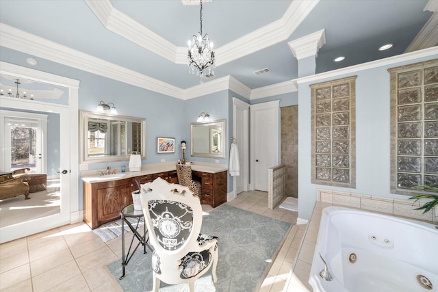 bathroom with tile patterned floors, visible vents, a whirlpool tub, and a notable chandelier