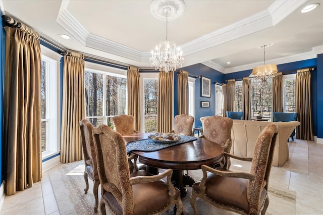 dining area with an inviting chandelier, light tile patterned flooring, and a healthy amount of sunlight