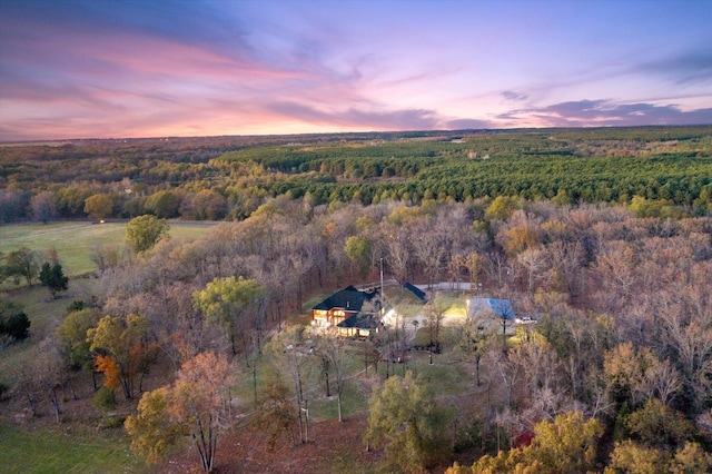 aerial view at dusk featuring a view of trees