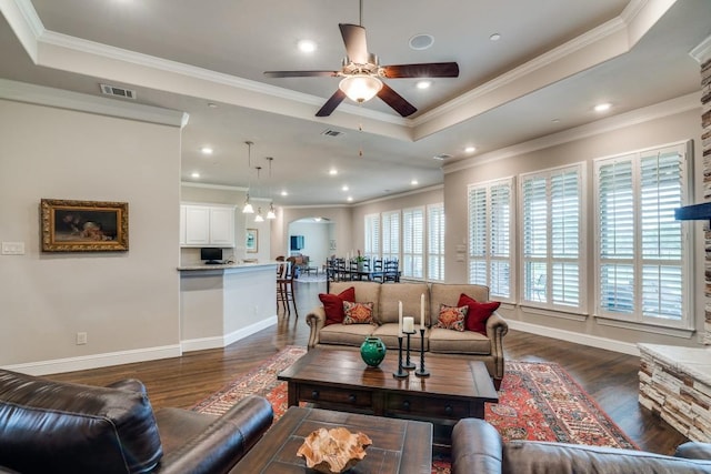 1415 Aberdeen Dr, Lucas, TX 75002 - living room with ceiling fan, a tray ceiling, dark wood-style floors, and visible vents