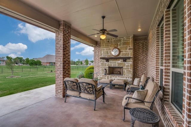 1415 Aberdeen Dr, Lucas, TX 75002 - view of patio / terrace with a fenced backyard, an outdoor living space with a fireplace, and ceiling fan