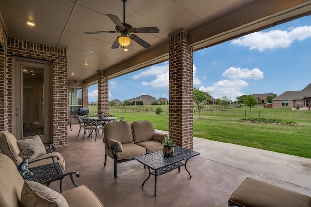 1415 Aberdeen Dr, Lucas, TX 75002 - view of patio / terrace featuring an outdoor hangout area, a ceiling fan, outdoor dining area, and a fenced backyard