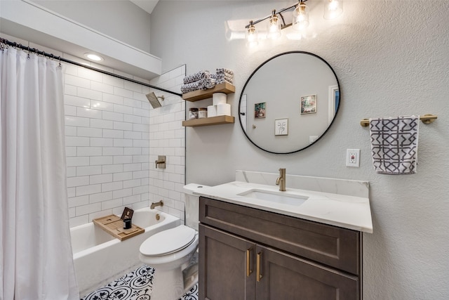 full bath with toilet, shower / bath combo, and vanity
