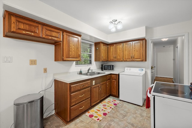 1207 W Tucker Blvd, Arlington, TX 76013 - kitchen featuring brown cabinets, a sink, washer / clothes dryer, stainless steel microwave, and white electric range