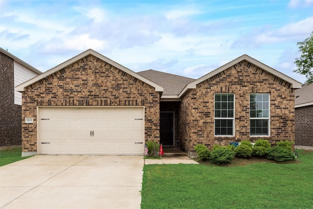 1015 Norias Dr, Forney, TX 75126 - ranch-style house with concrete driveway, an attached garage, a front yard, brick siding, and a shingled roof