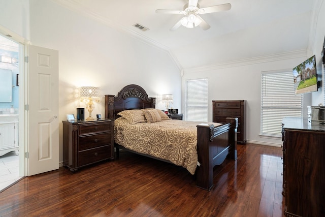 bedroom featuring dark wood finished floors, vaulted ceiling, ornamental molding, ceiling fan, and visible vents