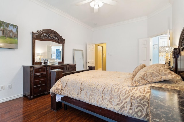 bedroom with a ceiling fan, crown molding, dark wood-style floors, and baseboards
