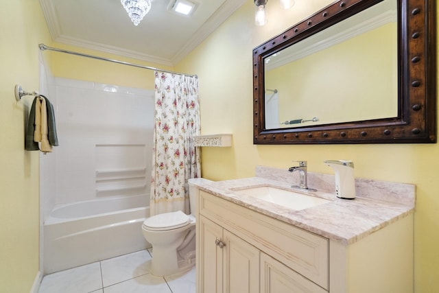bathroom with vanity, shower / bath combo with shower curtain, toilet, crown molding, and tile patterned flooring