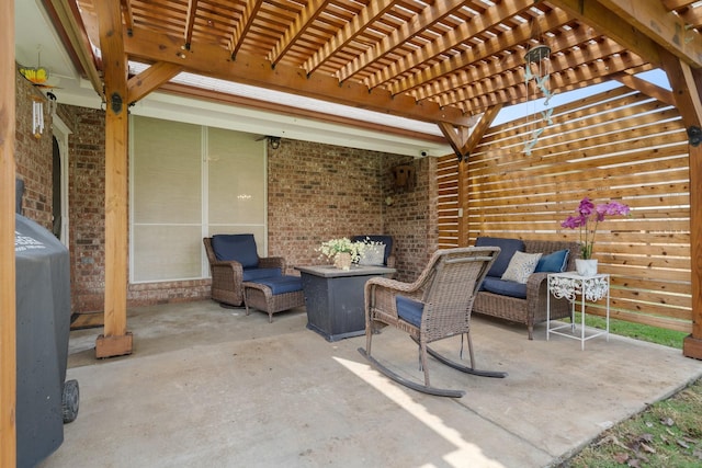 view of patio with an outdoor living space and a pergola