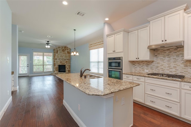 3017 Bella Lago Dr, Denton, TX 76210 - kitchen featuring a fireplace, ceiling fan, under cabinet range hood, appliances with stainless steel finishes, and vaulted ceiling