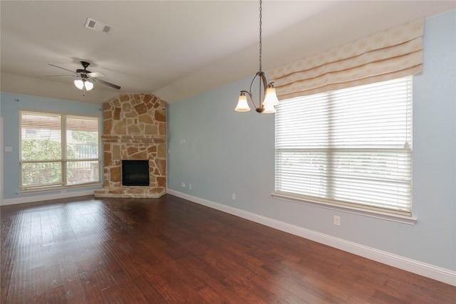 3017 Bella Lago Dr, Denton, TX 76210 - unfurnished living room featuring visible vents, baseboards, ceiling fan, and vaulted ceiling