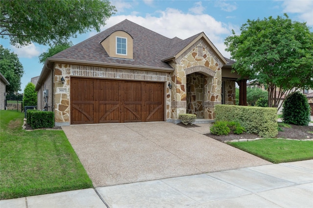 3017 Bella Lago Dr, Denton, TX 76210 - french country home with a garage, concrete driveway, a front lawn, and stone siding