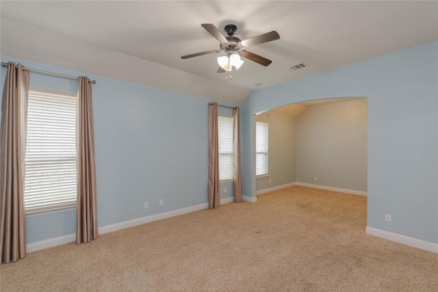 3017 Bella Lago Dr, Denton, TX 76210 - carpeted spare room with ceiling fan, visible vents, baseboards, and lofted ceiling