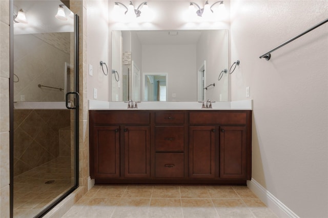 3017 Bella Lago Dr, Denton, TX 76210 - full bath with double vanity, a sink, tile patterned floors, and a shower stall