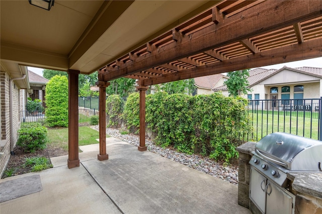 3017 Bella Lago Dr, Denton, TX 76210 - view of patio featuring a fenced backyard, a pergola, and grilling area