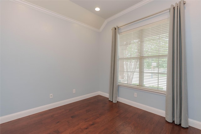 3017 Bella Lago Dr, Denton, TX 76210 - empty room with crown molding, baseboards, vaulted ceiling, and dark wood-type flooring