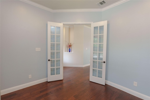 3017 Bella Lago Dr, Denton, TX 76210 - unfurnished room with crown molding, french doors, baseboards, dark wood-type flooring, and visible vents