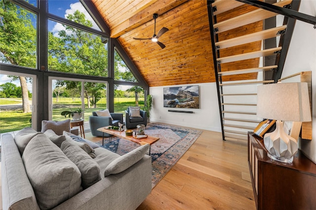 living room with wooden ceiling, wood finished floors, ceiling fan, baseboards, and high vaulted ceiling