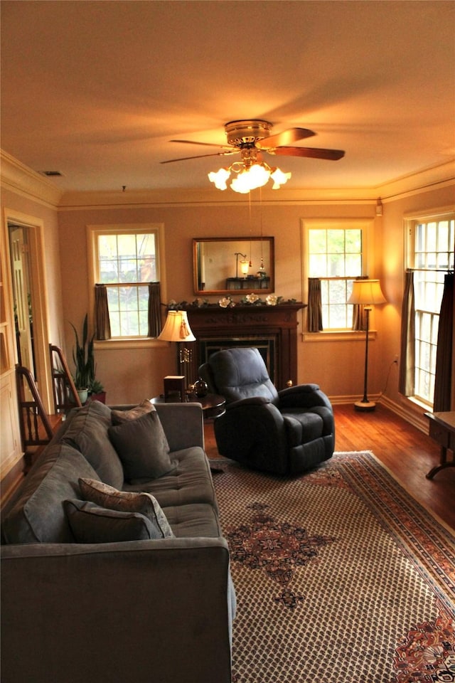 423 S O Connor Rd, Irving, TX 75060 - living area with a healthy amount of sunlight, a ceiling fan, a fireplace, wood finished floors, and ornamental molding