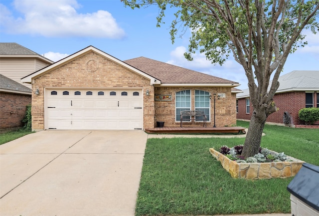 single story home with an attached garage, driveway, a front lawn, and brick siding