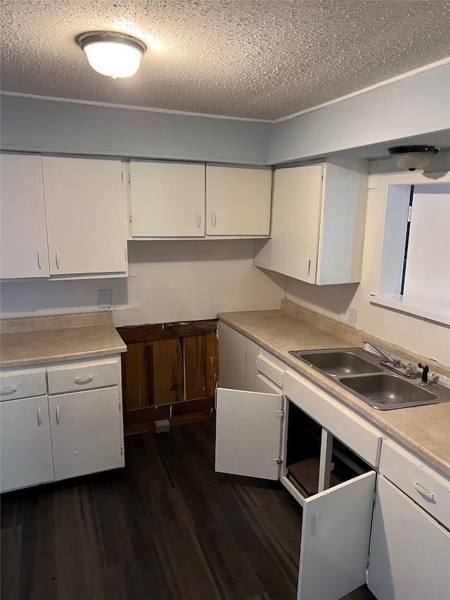 kitchen featuring light countertops, a sink, white cabinetry, and dark wood finished floors