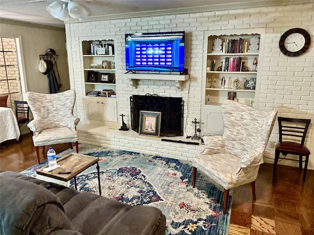 6114 Verona Ln, Shreveport, LA 71105 - living area with crown molding, built in shelves, and a brick fireplace