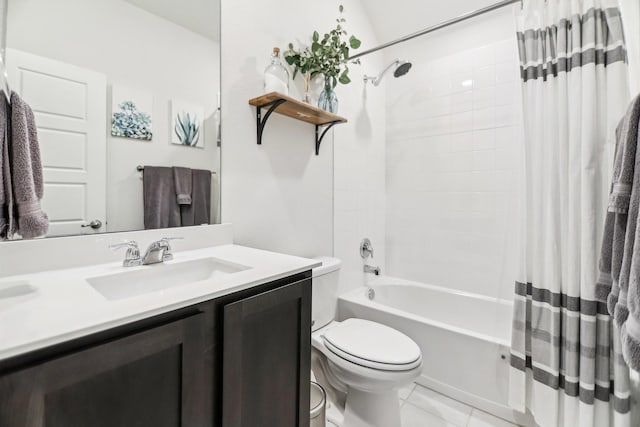 full bath with vanity, shower / bathtub combination with curtain, tile patterned floors, and toilet