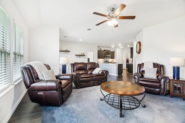 living room with ceiling fan, a wealth of natural light, and wood finished floors