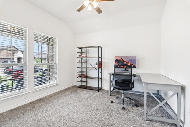 247 Carolina Trce, Fate, TX 75189 - office with lofted ceiling, a ceiling fan, carpet floors, and baseboards