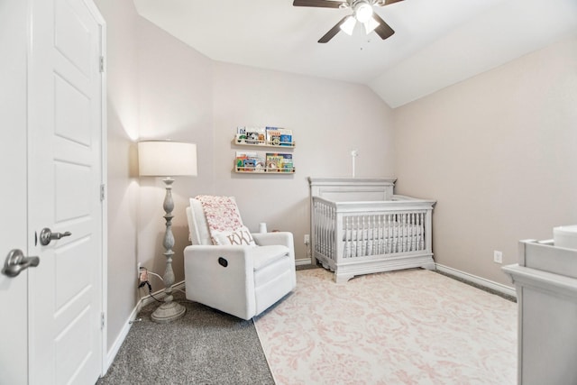 247 Carolina Trce, Fate, TX 75189 - carpeted bedroom featuring a crib, vaulted ceiling, baseboards, and ceiling fan