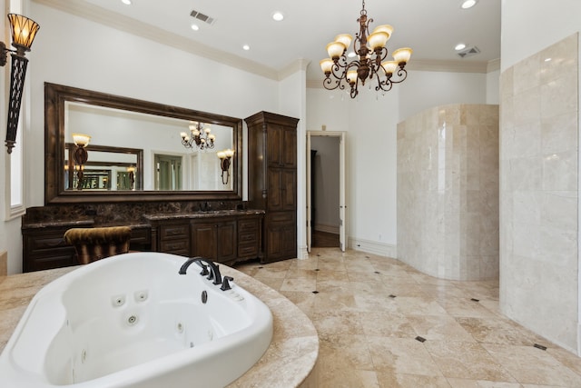 full bath featuring ornamental molding, a chandelier, and visible vents