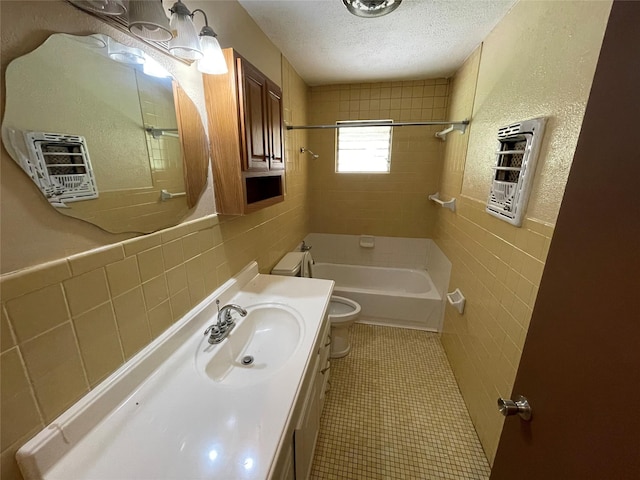 full bath with tile walls, heating unit, toilet, and a textured ceiling