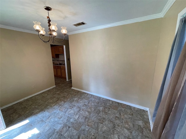 unfurnished dining area with visible vents, an inviting chandelier, and crown molding
