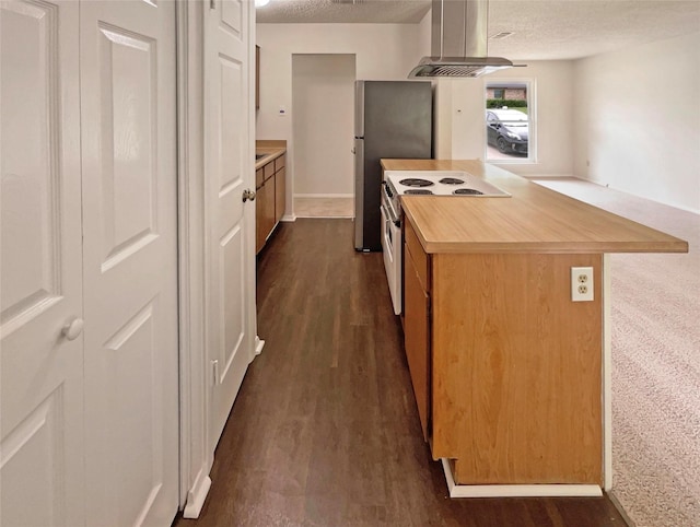 kitchen featuring wooden counters, dark wood-type flooring, a textured ceiling, electric range oven, and island exhaust hood