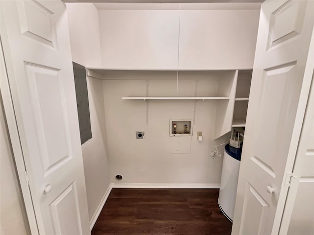 clothes washing area featuring baseboards, laundry area, washer hookup, and wood finished floors