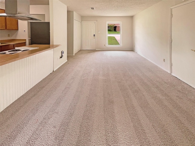 unfurnished living room with light colored carpet and a textured ceiling