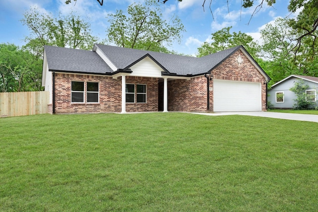 view of front of house featuring fence, concrete driveway, an attached garage, and brick siding