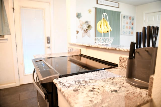 kitchen featuring light stone counters and electric range