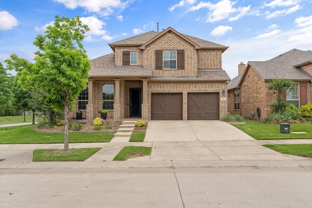 traditional home with brick siding, an attached garage, roof with shingles, and driveway
