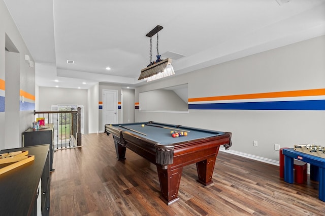 rec room with pool table, wood finished floors, a raised ceiling, baseboards, and recessed lighting