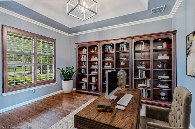 794 Amherst Dr, Rockwall, TX 75087 - sitting room featuring wood finished floors, baseboards, a chandelier, a desk, and ornamental molding