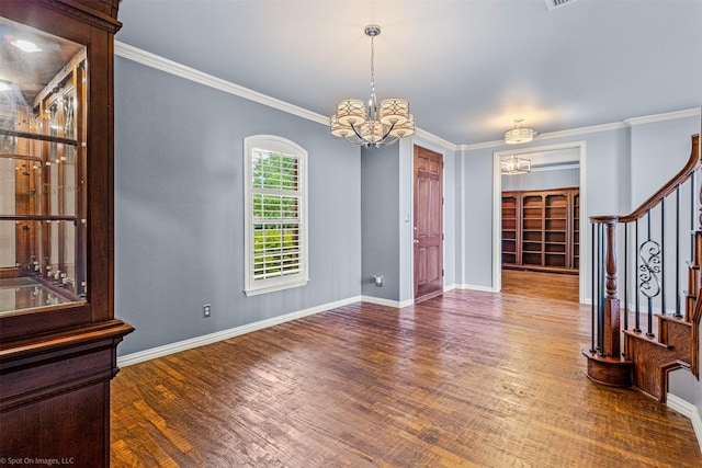 interior space with crown molding, stairway, and wood finished floors