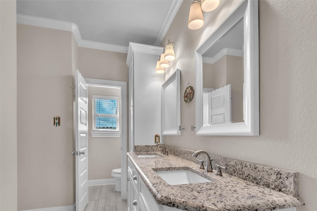 bathroom featuring toilet, ornamental molding, and a sink