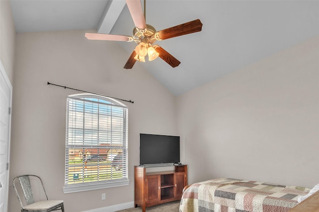 bedroom with beam ceiling, light carpet, ceiling fan, and multiple windows