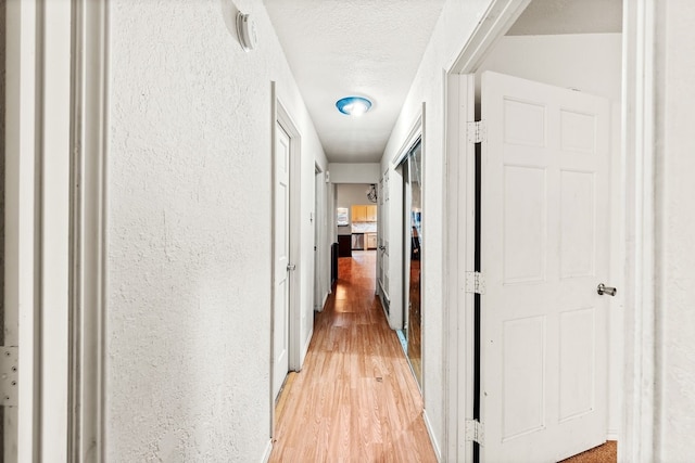 corridor with a textured ceiling, a textured wall, and light wood-style flooring