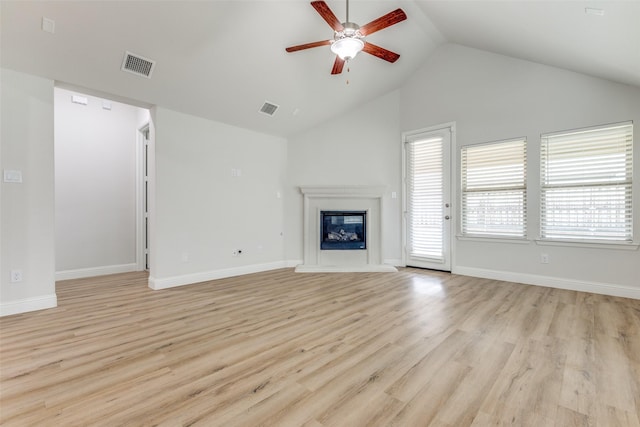 unfurnished living room featuring a glass covered fireplace, light wood-style floors, a ceiling fan, and visible vents