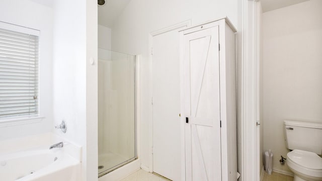 full bathroom featuring a shower stall, toilet, and a bath